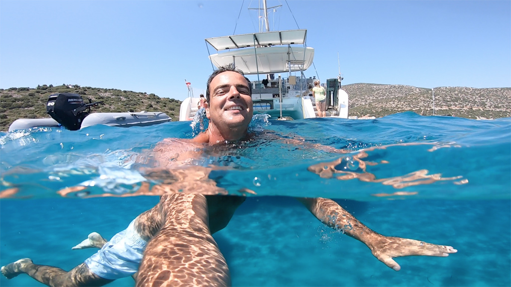 Reinier in front of our Sailing Catamaran Roxy.